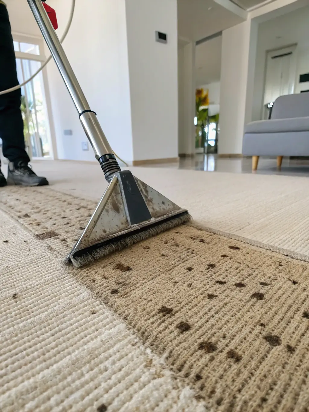 A close-up shot of a plush carpet being professionally steam cleaned, with visible dirt extraction and immediate brightening of the fibers.