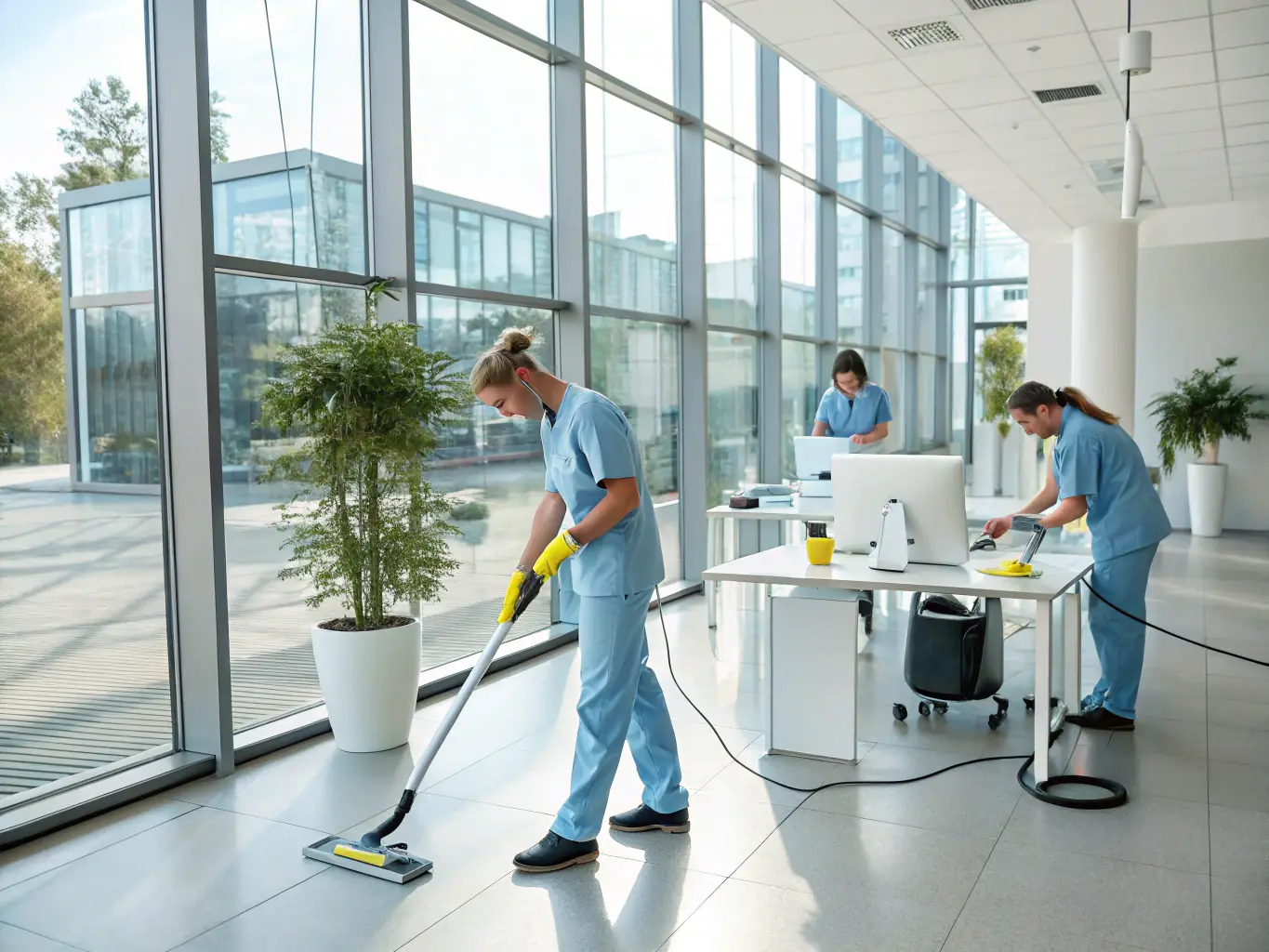 A modern office space being efficiently cleaned by a team of professional cleaners, emphasizing the thoroughness and reliability of DV Clean Services' B2B solutions.