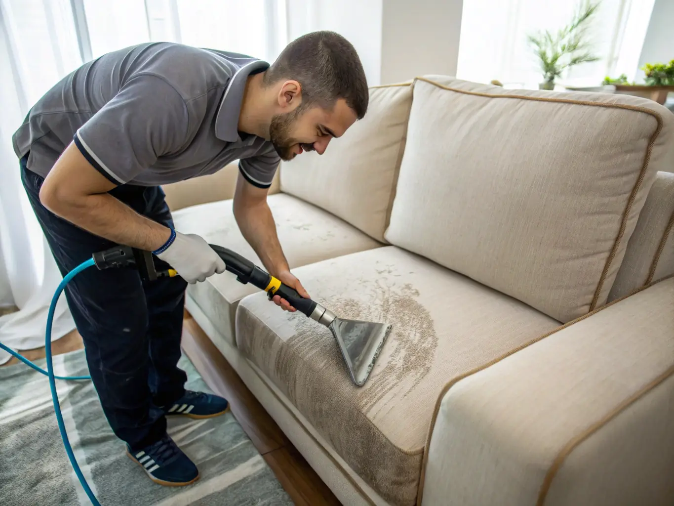 A close-up shot of a sofa being steam cleaned, highlighting the removal of stains and dirt, with a focus on the fabric texture and the cleaning equipment.