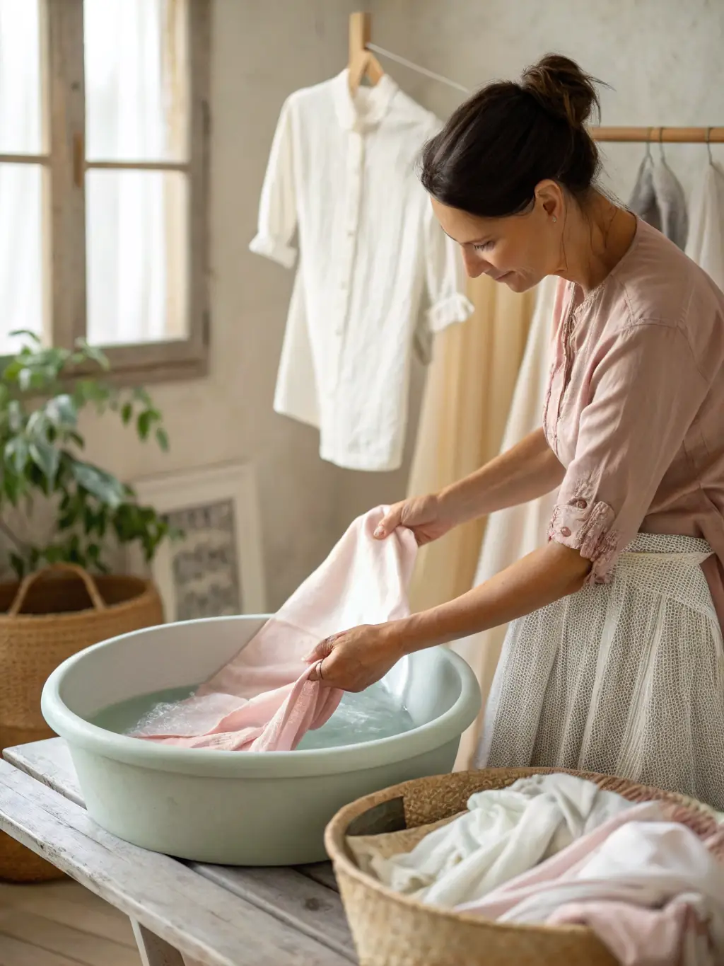 A photo of delicate curtains being carefully cleaned using a gentle, eco-friendly cleaning solution, ensuring no damage to the fabric.