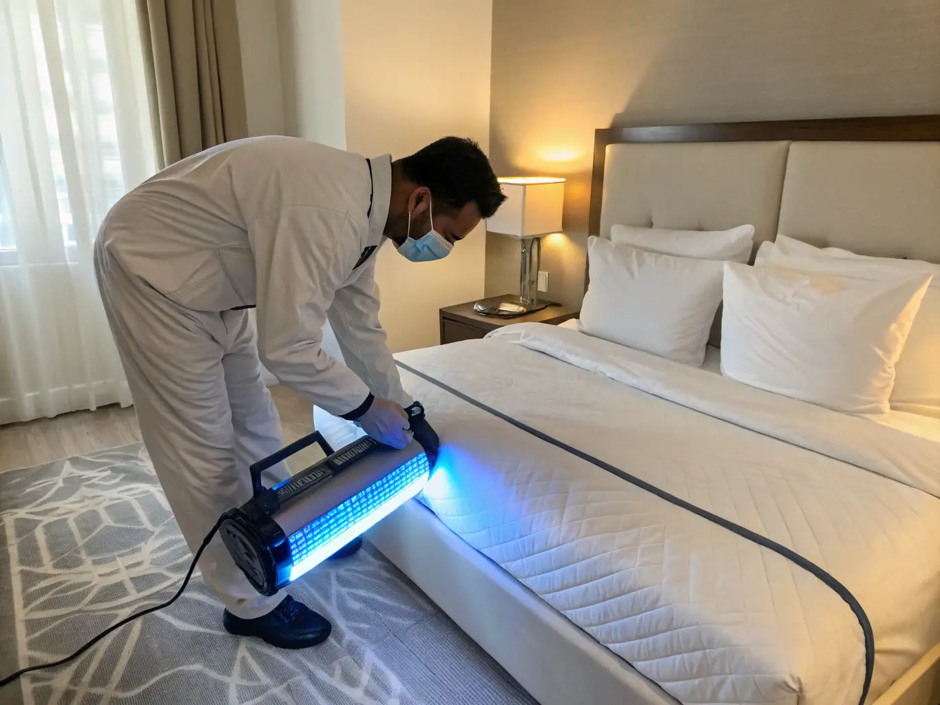 A detailed image of a mattress being sanitized with UV light, emphasizing the hygiene and cleanliness aspect of the service, with a focus on the mattress texture.