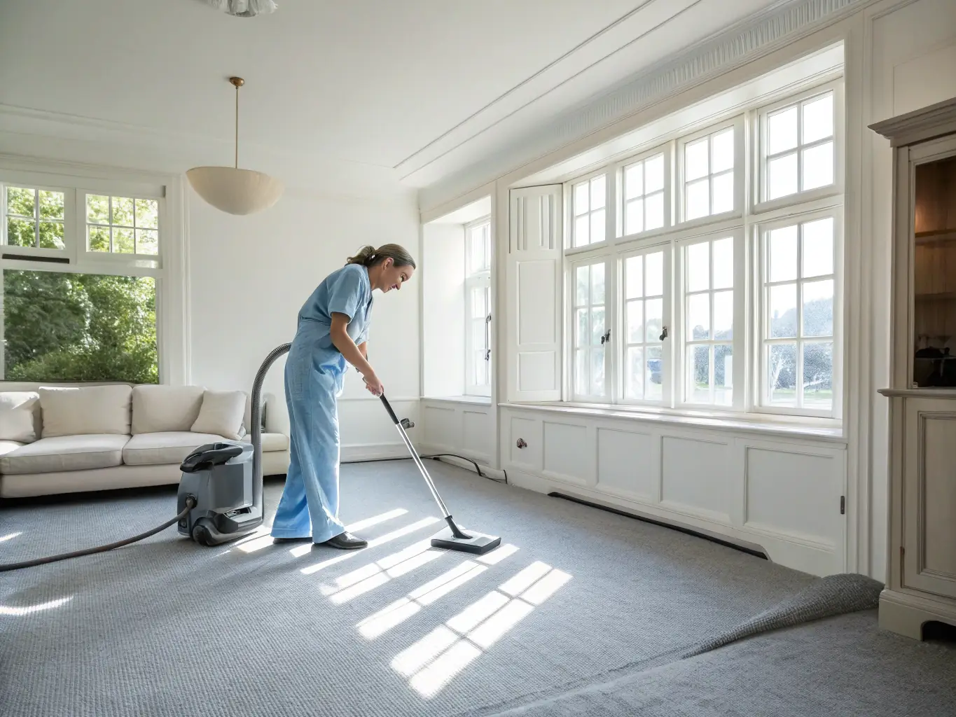 A bright and airy living room being thoroughly cleaned by a professional cleaner, showcasing attention to detail and a spotless finish.