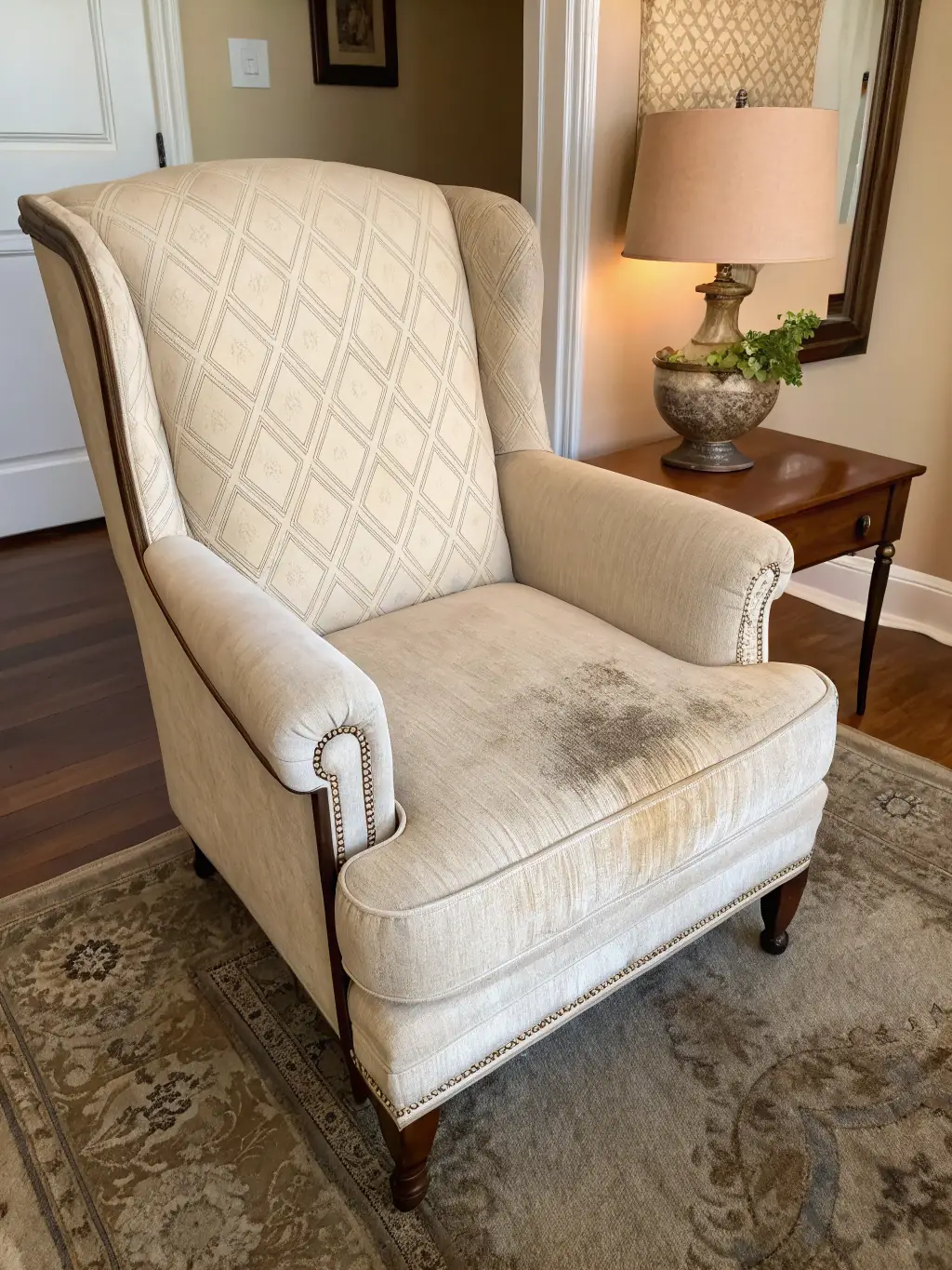 An image showcasing before-and-after results of upholstery cleaning, highlighting the removal of stains and restoration of fabric color.