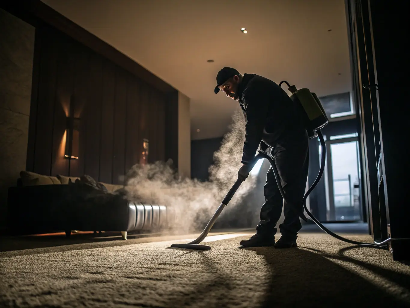 A high-angle shot of a plush carpet being professionally cleaned with a hot water extraction machine, showcasing the cleaning process and the equipment used by DV Clean Services.